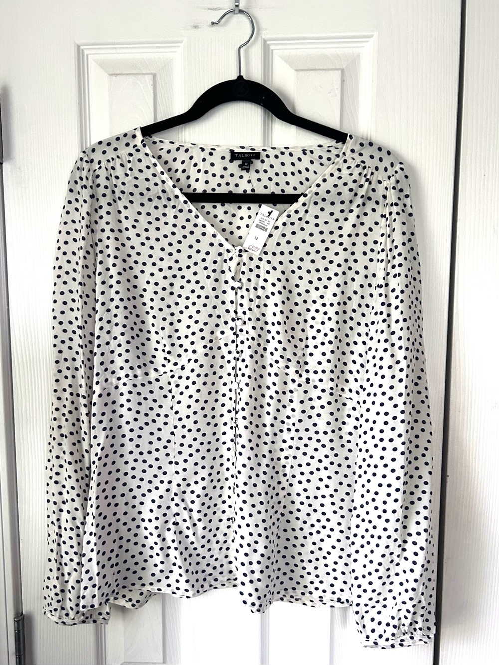 Talbots White Navy Polka Dot Long Sleeve Blouse Size 12